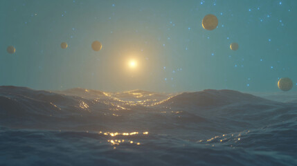 Poster - Celestial seascape with planets and stars in a dreamlike abstract background