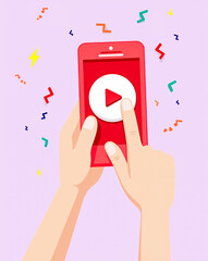 Poster - hands pressing play button on red smartphone screen