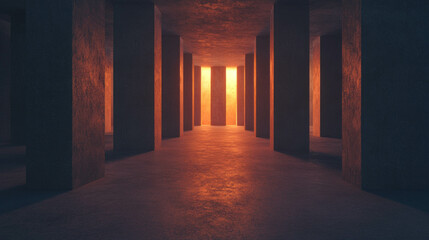 Poster - Mysterious corridor with textured stone columns and ambient lighting
