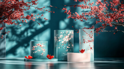Poster - Elegant floral display with red blossoms and blue vases for interior decor design