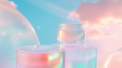 Poster - Futuristic iridescent glass jars against a soft pastel sky for creative design