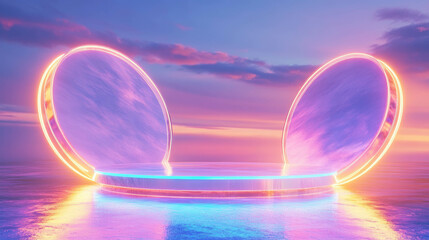Poster - Futuristic abstract interconnected pod design with neon lighting at sunset