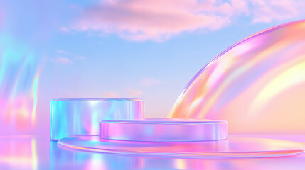 Poster - Futuristic abstract background with holographic iridescent shapes under a pastel sky