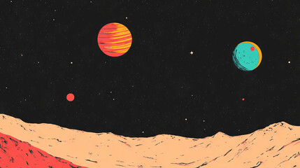 Poster - Abstract celestial landscape with colorful planets and starry night sky for creative design