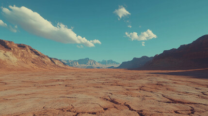Aufkleber - Arid landscape with cracked earth and mountainous horizon under clear blue sky