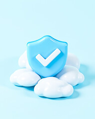 Poster - 3d render of a blue shield with checkmark on white clouds