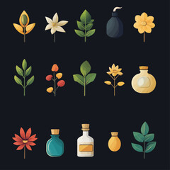 Poster - Stylized botanical elements and essential oil bottles on a dark backdrop