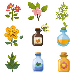 Poster - Herbal Remedy Cartoon Set of Essential Oil Bottles and Flower Illustrations