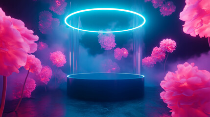 Poster - Futuristic neon floral podium in dark ambient setting for modern design