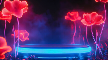 Aufkleber - Futuristic neon flower composition with illuminated podium for modern design