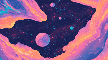 Poster - Abstract cosmic landscape with swirling galaxies and vibrant colorful art design