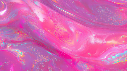 Poster - Vibrant fuchsia pink oil texture with iridescent swirls and bubbles