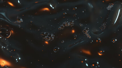 Poster - Close-up of dark brown oil texture with reflective bubbles