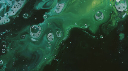 Poster - Abstract close up of dark forest green liquid with bubbles for creative design