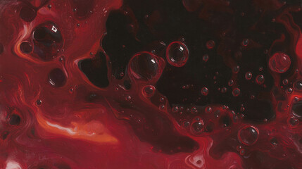 Poster - Abstract close-up of deep crimson red oil swirls with bubbles