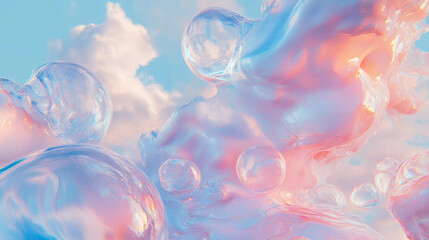 Aufkleber - Dreamy sky blue and pink oil texture with ethereal bubbles and clouds