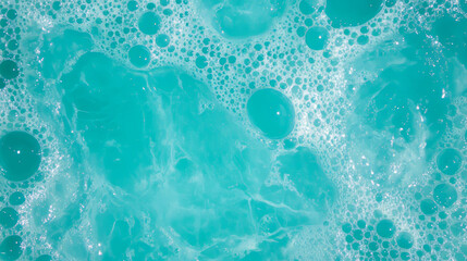 Poster - Close-up of translucent turquoise oil and bubbles textured background for design