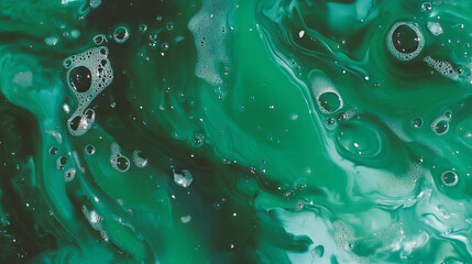 Poster - Close up view of vibrant emerald green oil substance with lively bubbles and swirls