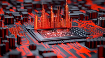 Aufkleber - Digital Cityscape Emerges from Circuitry Abstract Technology Art Urban Environment Futuristic Perspective Innovation Concept