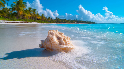 Poster - Serene coastal scene with seashell on pristine white sand beach under clear blue sky