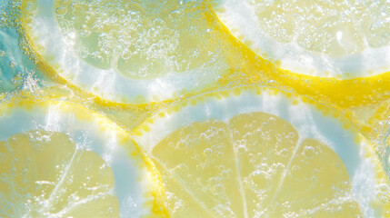 Poster - Refreshing slices of lemon in bubbling water for beverage backgrounds
