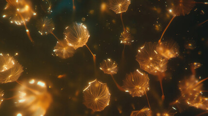 Poster - Elegant close-up of dandelion seeds floating in ambient light texture