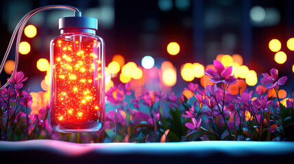Poster - whimsical blood donation bag glows amidst vibrant flowers, creating magical atmosphere. colorful lights and floral backdrop evoke sense of wonder and creativity