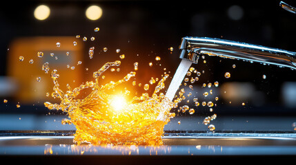 Poster - dynamic image of water flowing from faucet, creating splash with golden reflections. scene captures beauty and energy of water in motion, evoking sense of freshness and vitality