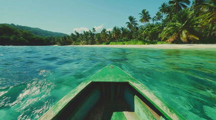 Poster - Serene island escape: approaching tropical beach in a small boat adventure