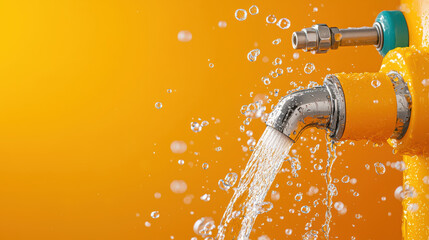 Poster - vibrant image of water gushing from colorful faucet against bright orange background, creating playful and refreshing atmosphere