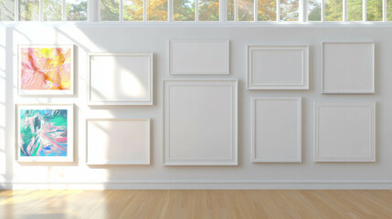 Poster - Minimalist interior design with various sized white frames for home or gallery art display