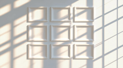 Poster - Minimalist grid of nine small white frames on sunlit wall - perfect for modern interior design display