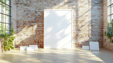 Poster - Interior decor concept with large white frame against brick wall for art display