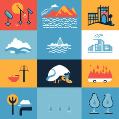 Poster - Abstract landscape illustration with buildings, water, and stylized images