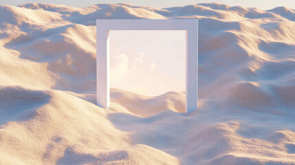 Poster - Surreal desert scene with white frame in golden sand at sunset for art display