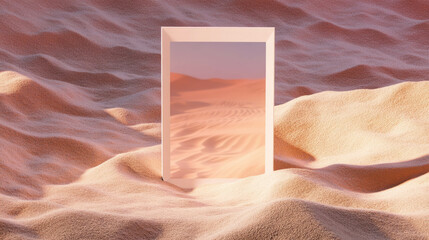 Poster - Abstract desert scene with white frame partially buried in sand for creative design