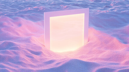 Poster - Elegant white frame partially buried in sunset colored sand for design display