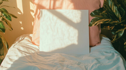Poster - Minimalistic mockup of a white frame with natural light and green foliage for design presentation