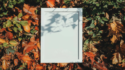 Poster - Autumn mockup: white frame on colorful leaf bed for seasonal design and branding