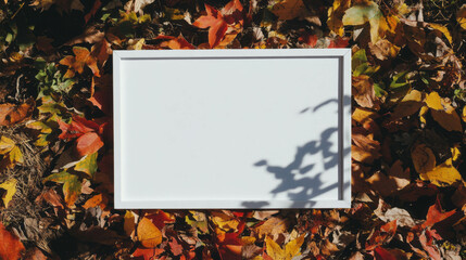 Poster - Autumn display mockup with white frame on vibrant colorful leaves