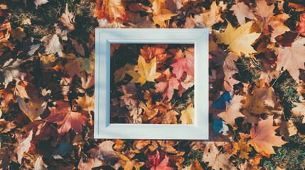 Poster - White frame on autumn leaves background for seasonal display or art design