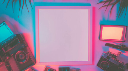 Poster - Artistic frame mockup with urban photography elements and neon lights for creative displays