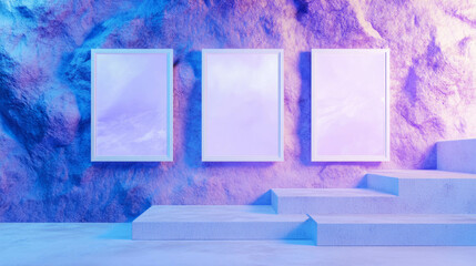 Aufkleber - Abstract display of three white frames in a staircase setting with vibrant lighting