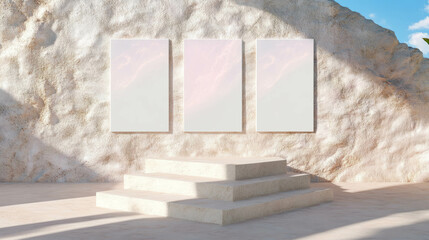 Aufkleber - Contemporary art display with three white frames on stairs against textured wall - perfect for interior design inspiration