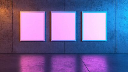 Poster - Modern art gallery display with three white frames on colorful background
