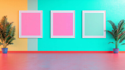 Poster - Modern interior design with three white frames on colorful wall