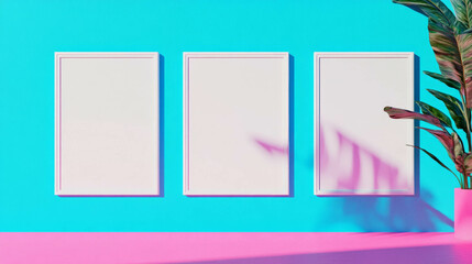 Poster - Modern interior design concept with three white frames on vibrant blue and pink background