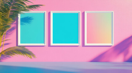 Poster - Modern mockup of three white frames on vibrant pink wall for creative display