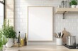 © Odrua Design - Mockup de moldura vertical em cozinha moderna com utensílios, plantas e decoração minimalista, criado com IA generativa para visualização de arte e design