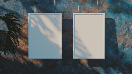 Poster - Dual white frames with string against textured wall in natural light